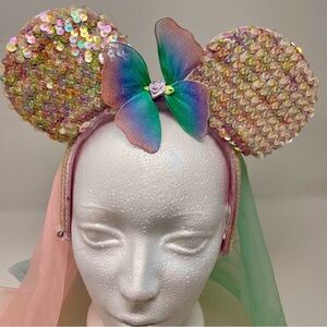 Authentic Disney Parks Sequin Minnie Ears with Rainbow Butterfly Veil